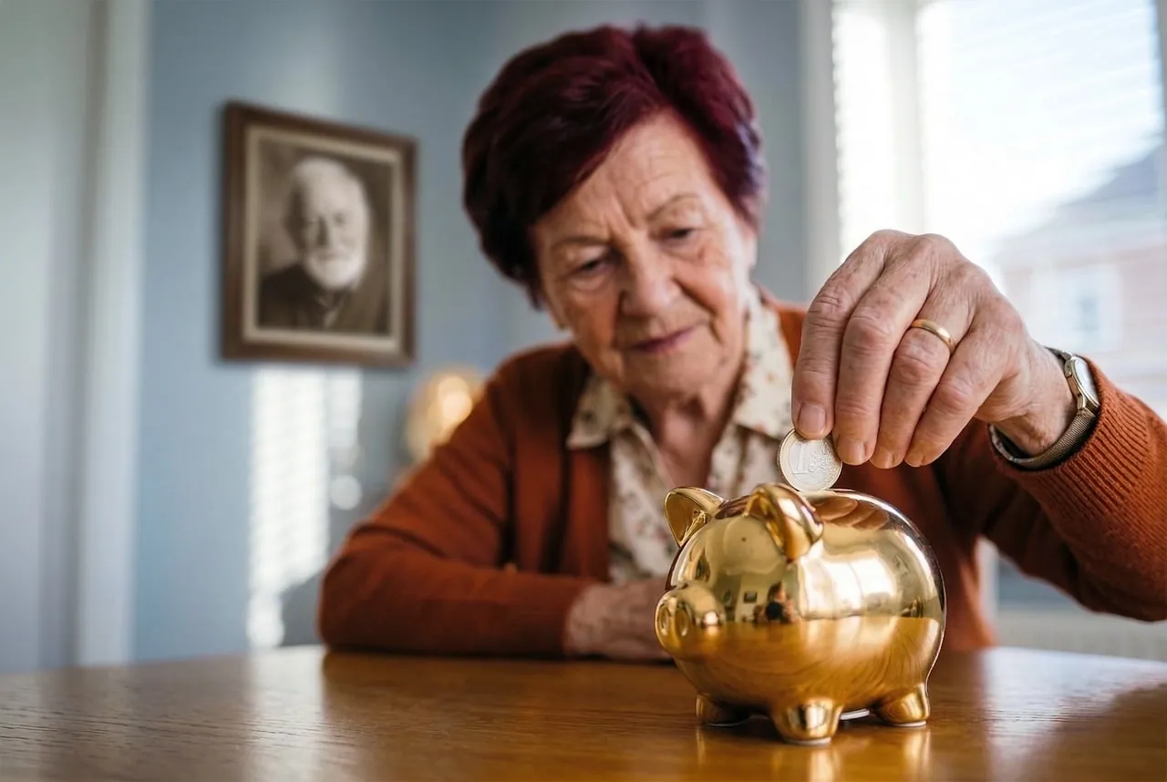 Une personne dépose une pièce d'un euro dans une tirelire posée sur une table en bois